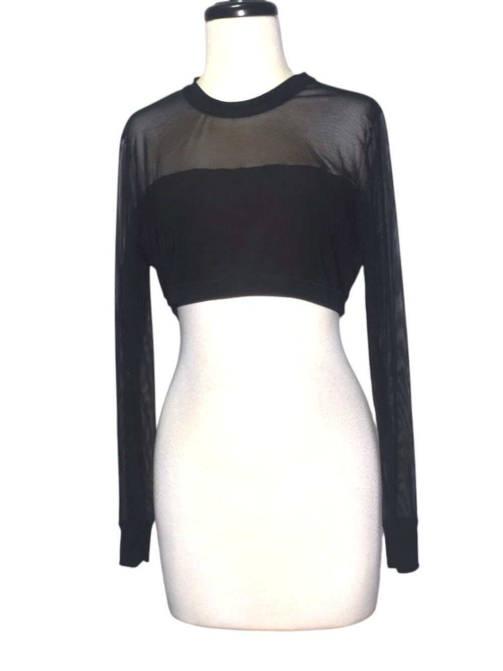 Norma Kamali Crewneck Banded Midriff Crop Top in Black Mesh Long Sleeve XL
